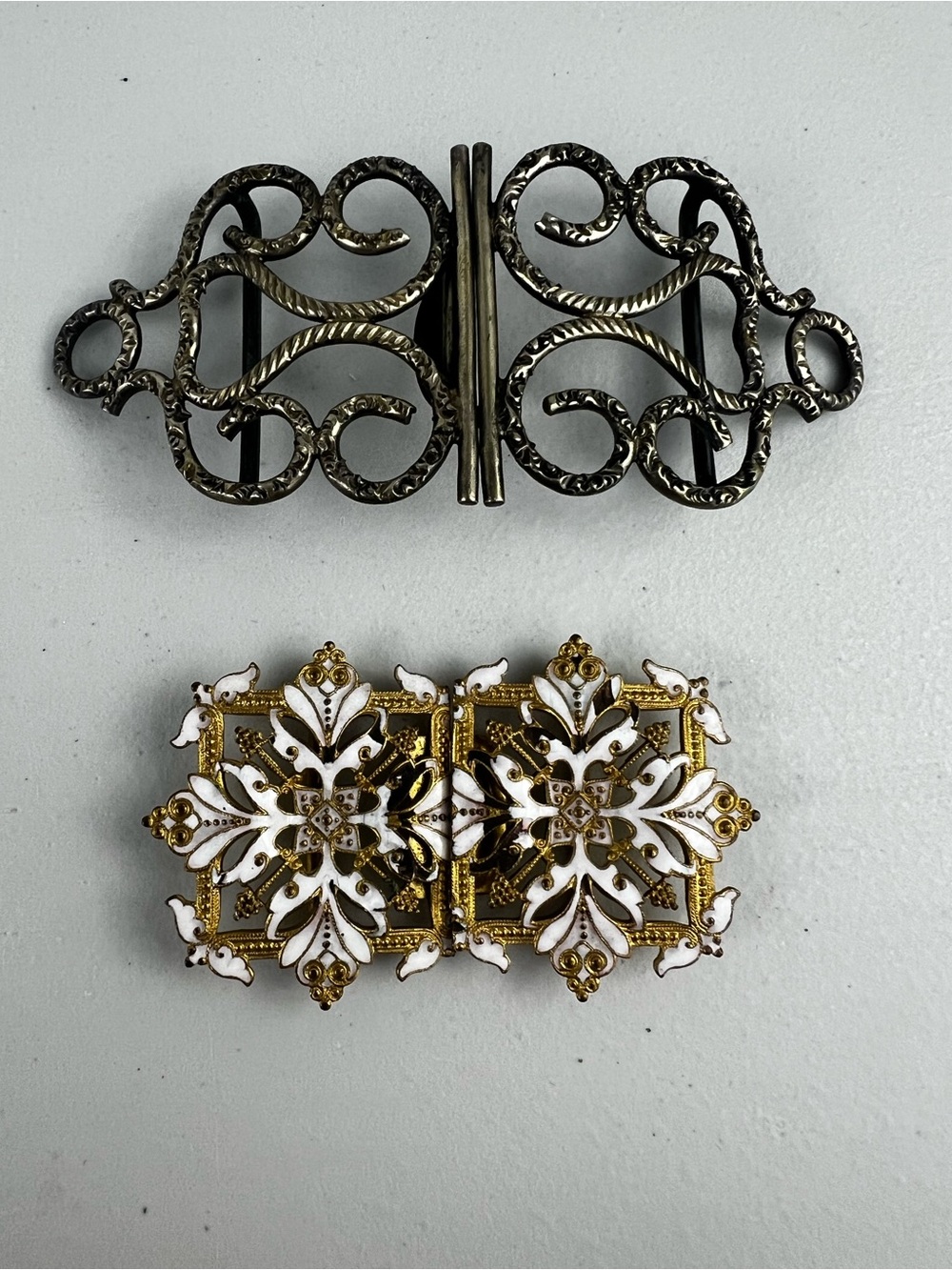 Antique Nurse Belt Buckles Set Victorian Art Nouveau EPNS Enamel